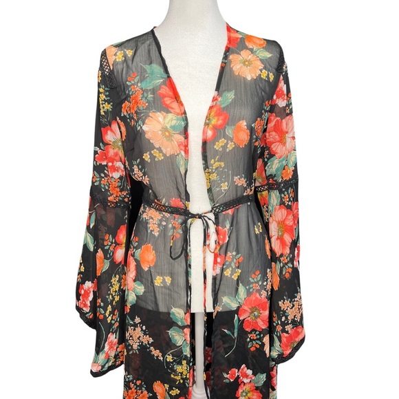 Tops - Black Sheer Floral Print Robe NWT